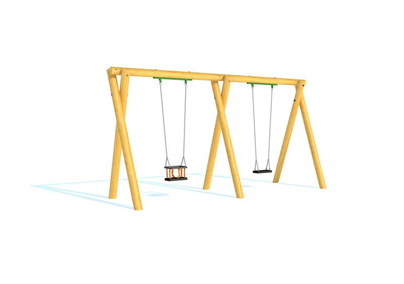 Technical render of a Timber Swing (2.4M) with One Flat and One Cradle Seat